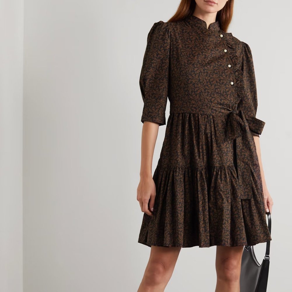 Batsheva Black & Brown Printed & Belted Cotton Mini Dress